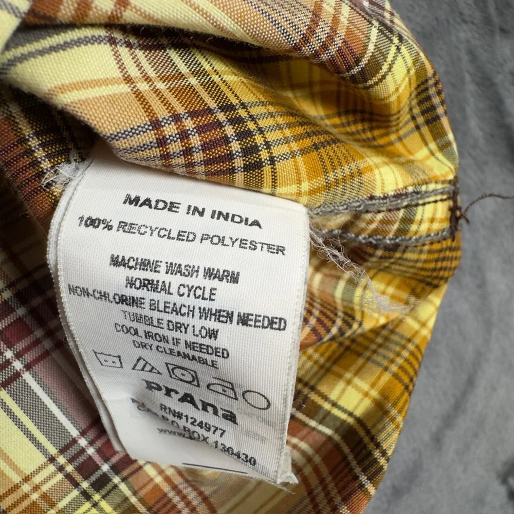 Prana Button Down Shirt Mens‎ Large Yellow Plaid Slim Fit Recycled Polyester
